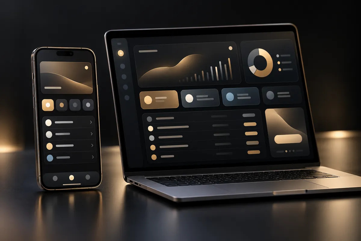 Phone and laptop showing a clean business dashboard