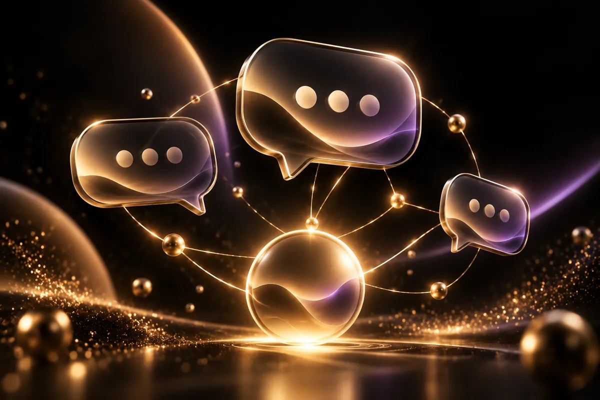 Glass chat bubbles connected to a glowing gold core