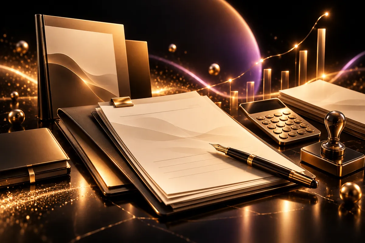 Documents, gold pen and calculator arranged neatly