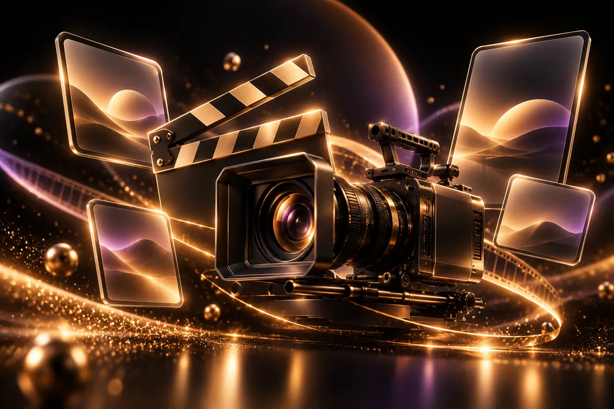 Cinema camera and clapperboard among glowing poster frames